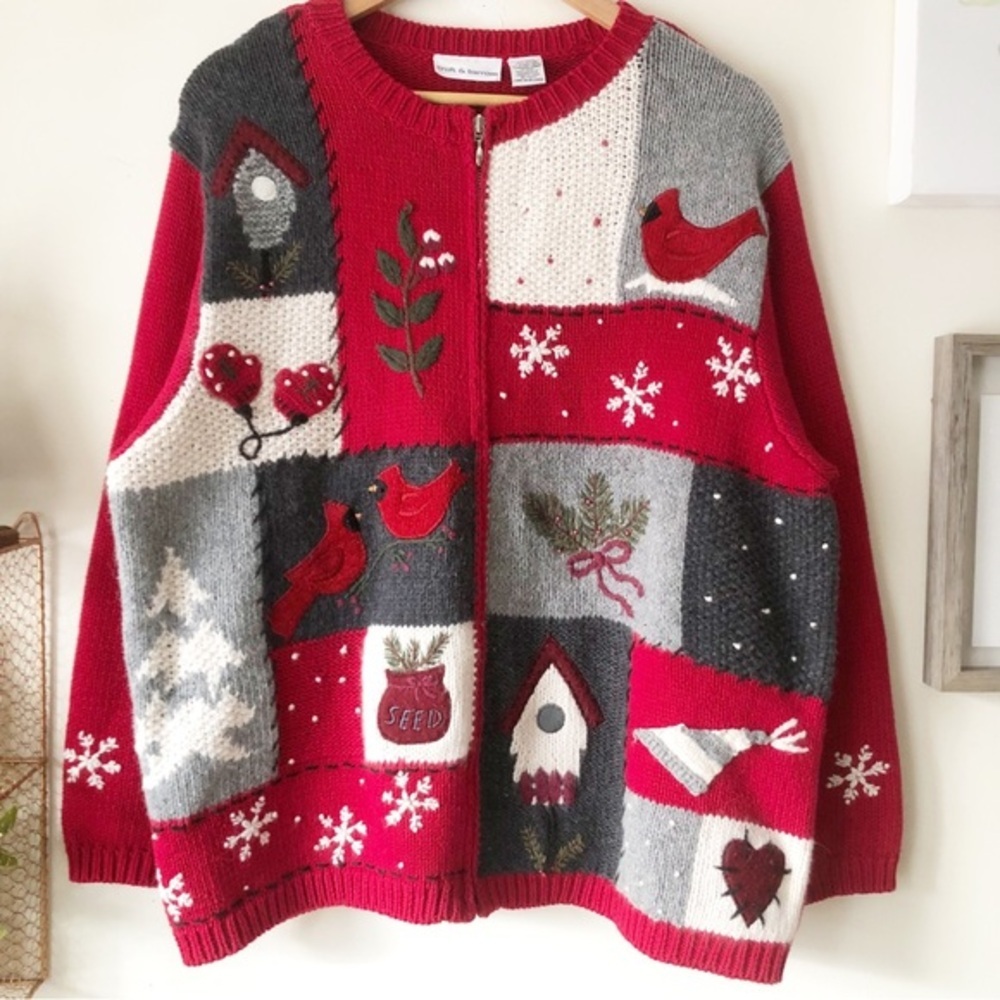 Vintage Croft Barrow Red Winter Patchwork Cardinal Snowflake Full Zip Sweater XL - Picture 2 of 14
